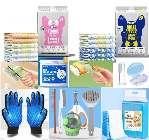 Complete set of pet cleaning supplies: wet wipes, diapers, combs, towels, suitable for cats and dogs